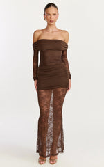 Juliet Maxi Dress - Off Shoulder Long Sleeve Ruched Overlay Lace Dress in Choc