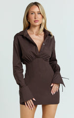 Gino Mini Dress - Collared Button Down Corset Waist Shirt Dress in Chocolate