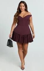 Izara Mini Dress - Off Shoulder Pleated Dress in Wine