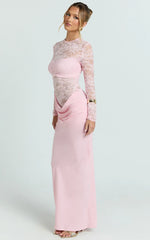 Crisanta Maxi Dress - Long Sleeve Contrast Lace Bodycon Dress in Pink