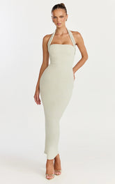 Salome Midi Dress - Halter Neck Column Dress in Sage