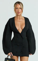 Colette Mini Dress - Wrap Front Cocoon Sleeve Button Front Knit Dress in Black