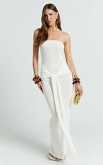 Ursula Maxi Dress - Strapless Tie Waist Boucle Knit Dress in Off White