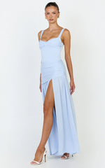 Freya Maxi Dress - Twist Bust Detail Drop Waist Dress in Blue