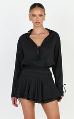 Melanie Mini Dress - Tie Front Long Sleeve Shirt Dress in Black