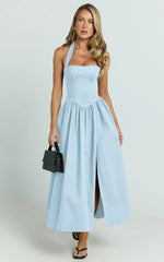 Helda Midi Dress - Halter Tie Neck Corset Panel Dress in Soft Blue