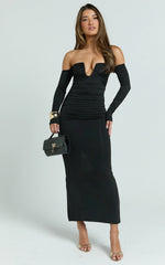 Isabelle Midi Dress - Ruche Front Deep U Off Shoulder Fitted Dress in Black