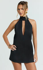 Polly Mini Dress - High Neck Keyhole Shift Dress in Black