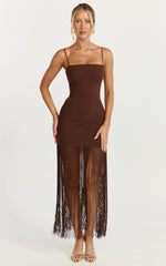 Evie Maxi Dress - Crepe Fringed Shift Dress in Chocolate