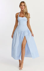 Nyx Midi Dress - Halter Neck Drop Waist Dress in Blue