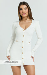 Nikka Mini Dress - Long Sleeve V Neck Bodycon Knit Dress in Cream