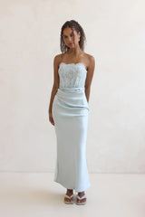 Away With You Satin Lace Strapless Maxi Dress Blue