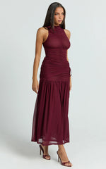 Metzie Midi Dress - High Neck Gathered Mesh Dress in Burgundy