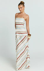 Yurika Maxi Dress - Square Neck Stripe Print Slip Dress in Choco Retro Stripe