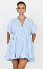 Calissa Mini Dress - Frill Hem Smock Dress in Light Blue