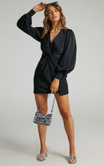 Billie Mini Dress - Twist Front Long Puff Sleeves Dress in Black