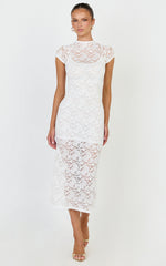 Emma Midi Dress - Lace Cap Sleeve Bodycon Dress in White