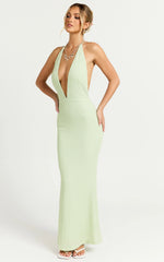 Ada Maxi Dress - Halter Plunge Textured Jersey Open Back Dress in Green
