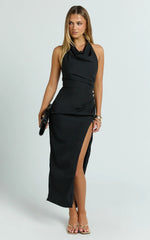 Finn Midi Dress - Folded Cowl Halter With Front Leg Split in Black