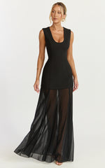 Frances Maxi Dress - Contrast U Neck Godet A Line Dress in Black