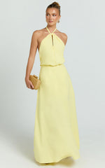 Violetta Maxi Dress - Backless Linen Look Hater Neck Dress in Lemon