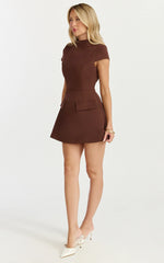 Savanna Mini Dress - High Neck Cap Sleeve Tulip Skirt Dress in Chocolate