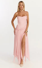 Idris Midi Dress - Cowl Neck Draped Sash Godet Dress in Soft Pink