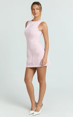 Olenna Mini Dress - High Neck Fitted Denim Dress in Pink
