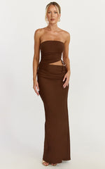 Fergie Maxi Dress - Strapless Side Ruched Cut Out Fitted Dress in chestnut brown