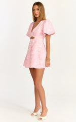 Rosalie Mini Dress - Floral Jacquard V Neck Fit and Flare Dress in Pink