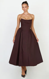 Amara Maxi Dress - Strapless Fit And Flare Dress in Chocolate
