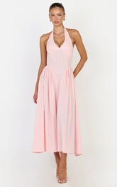 Athena Midi Dress - Halter Drop Waist Dress in Pink