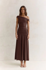 Coffee And Wine Mesh Off Shoulder Maxi Dress Brown