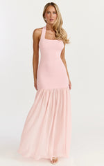 Barbara Maxi Dress - Halter Scoop Neck Contrast Georgette Dress in Pink