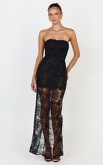 Lima Maxi Dress - Strapless Floral Embellished Column Dress in Black