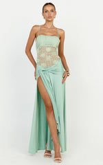 Nerissa Maxi Dress - Crochet Floral Embellished Bodice Drop Tie Waist Dress in Sage