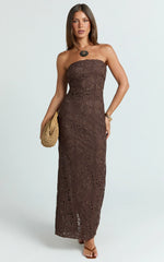 Tamika Midi Dress - Crochet Strapless Column Dress in Chocolate