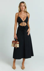 Daphne Midi Dress - Gathered Cut Out A Line Dress in Black