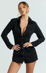 Shawn Mini Dress - Long Sleeve Button Down Denim Shirt Dress in Black