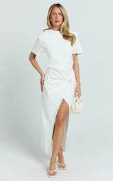 Tonya Maxi Dress - Square Shoulder Twist Leg Split Dress in White