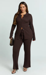 Kelsey Top - Button Through Long Sleeve Knit Top in Chocolate