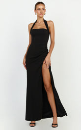 Kai Maxi Dress - Halter Neck High Split Dress in Black