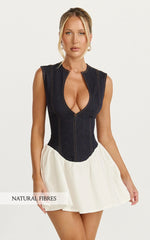 Schiffer Mini Dress - Low Cut Notch Neck Contrast Denim Mini Dress in Raw