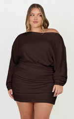 Alyce Mini Dress - Long Sleeve One Shoulder Dress in Chocolate
