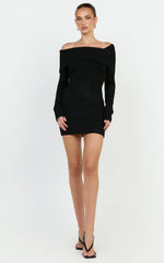 Tess Mini Dress - Asymmetric Off Shoulder Long Sleeve Knit Dress in Black