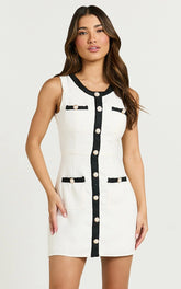 River Mini Dress - Boucle Button Through A Line Dress with Hardware Detail in White