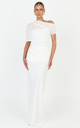 Nami Maxi Dress - Overlay Off Shoulder Draped Cowl Waist Dress in White