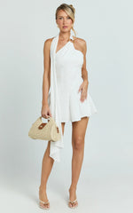 Dottie Mini Dress - Scarf Halter Neck Hardware Detail Panelled Fit And Flare Dress in White