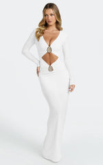 Dakota Maxi Dress - Long Sleeve V Neck Bodycon Dress in Cream