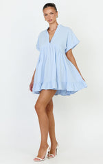 Calissa Mini Dress - Frill Hem Smock Dress in Light Blue